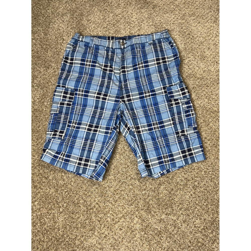 KingSize Mens Blue Plaid Cargo Shorts Size 38 Tall Multi Pocket Elastic Waist